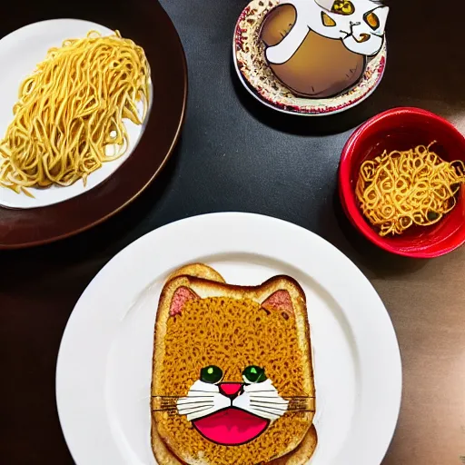 Prompt: cute fat cat sitting in behind a plate of indomie mi goreng noodles on toast, photo realistic