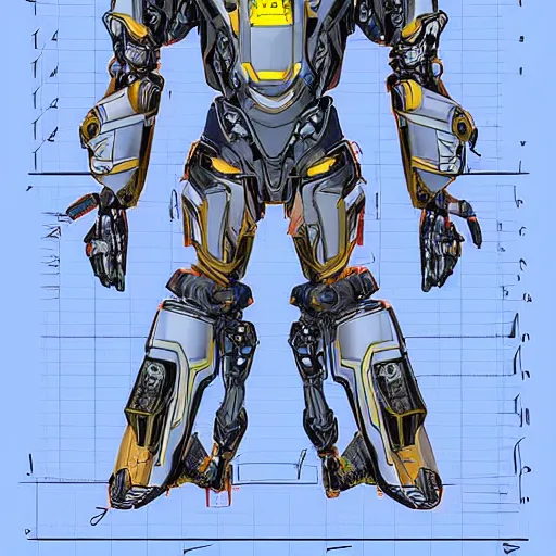 Image similar to T-posing image of a futuristic personal defense mech suit, technical drawing, blueprints, Digital art, detailed