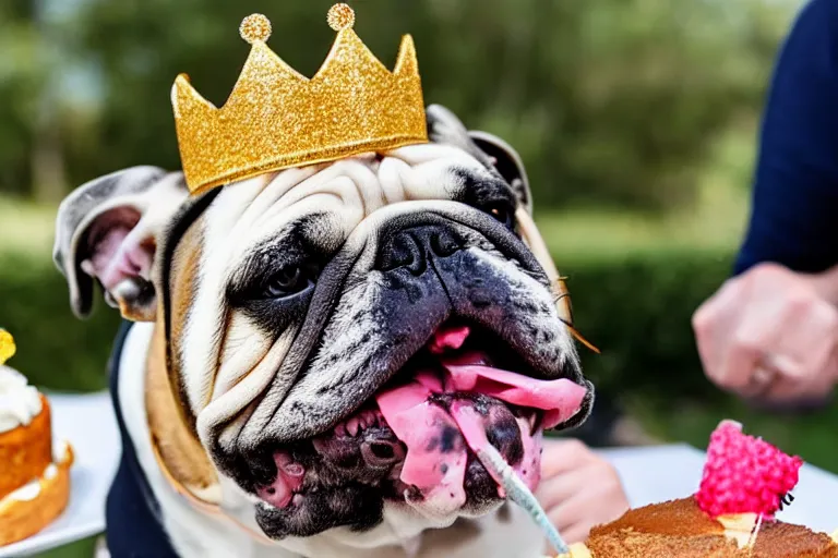 Prompt: an english bulldog wearing a crown and eating cake