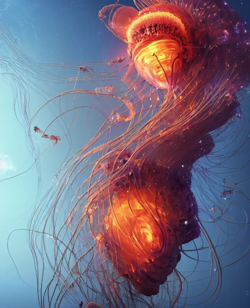 Image similar to close-up portrait of the face of a beautiful princess in a twisted flowers jellyfish mask in a spaceman suit surrounded by energy flow, epic angle and pose, symmetrical artwork, 3d with depth of field, blurred background, floating jellyfish skull phoenix bird, translucent, nautilus, energy flows of water and fire. a highly detailed epic cinematic concept art CG render. made in Maya, Blender and Photoshop, octane render, excellent composition, cinematic dystopian brutalist atmosphere, dynamic dramatic cinematic lighting, aesthetic, very inspirational, arthouse. y Greg Rutkowski, Ilya Kuvshinov, WLOP, Stanley Artgerm Lau, Ruan Jia and Fenghua Zhong