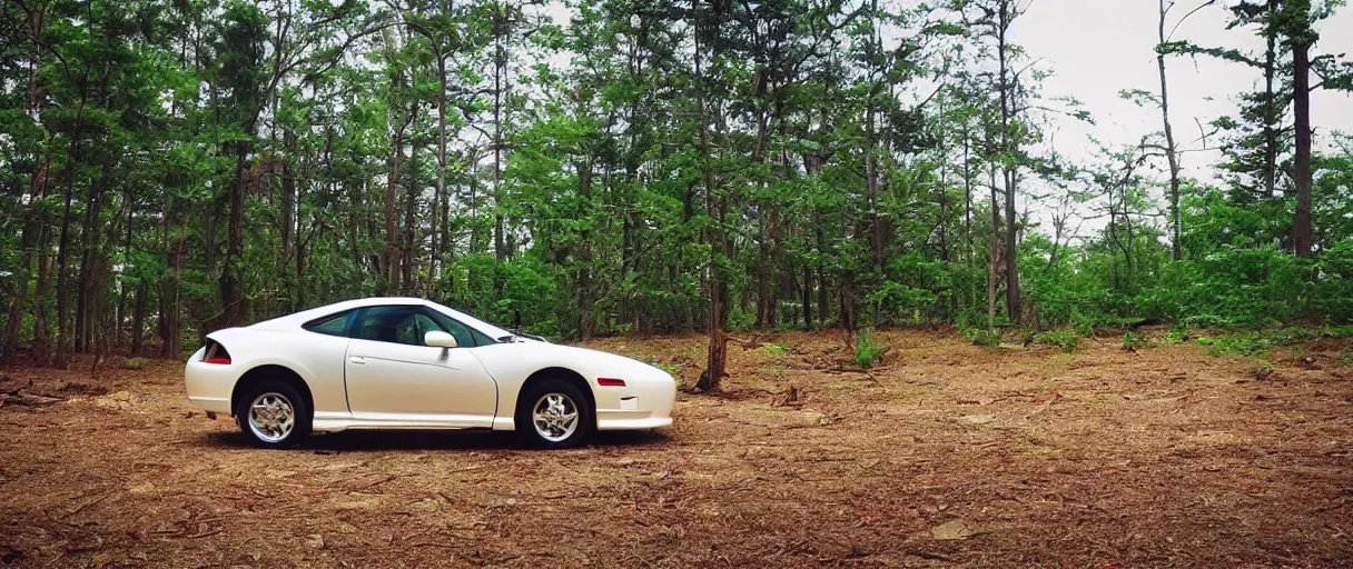 Image similar to “2003 Mitsubishi Eclipse white pearl on a us avenue wide angle forest background high speed Timelapse”