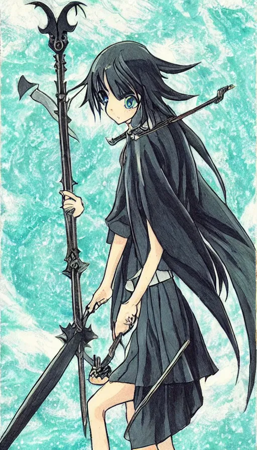 Prompt: a beautiful link drawing of the being death as a cute anime girl with a giant scythe from a studio ghibli film inspired by the death tarot card, dark vibes