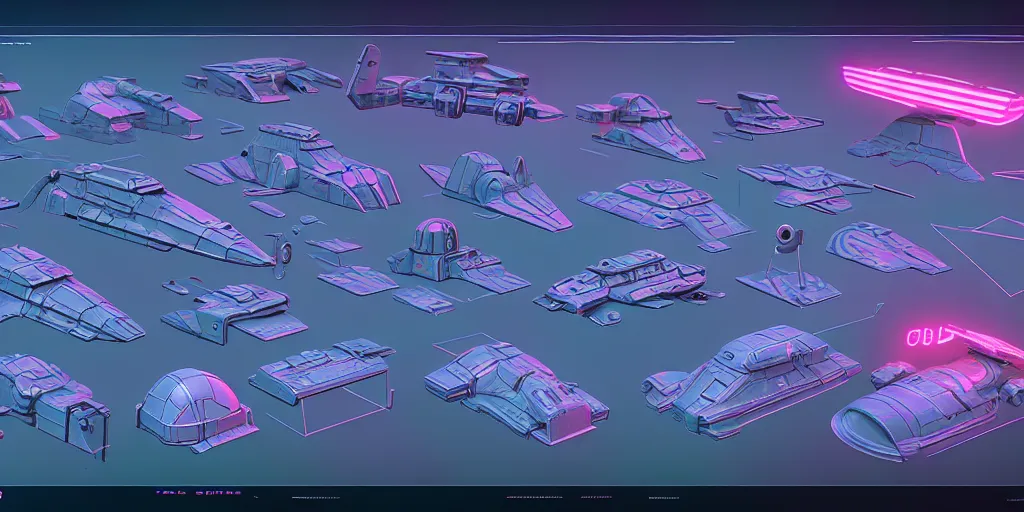 Prompt: retro hard surface shape form exploration, vehicles, close up, complex geometry, detailed, artstation, 8 k, sci - fi, pastel colors, props, panel, concept, simon stalenhag, blueprint, items and gadget, big medium small, blueprint, vintage