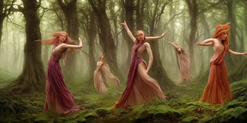 Image similar to masterpiece ephemeral elven girls dancing in the woods, composition by anastasiya dobrovolskaya, donato giancola, karol bak, tom bagshaw, face by artgerm and edmund leighton, background by zdzisław beksinski, majestic, volumetric lighting, porcelain skin, photorealistic, intricate, trending on artstation 8 k