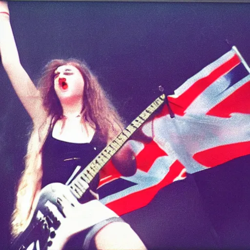 Image similar to 1 9 - year - old girl in a traditional doom metal band, new wave of british heavy metal, live in concert, live 1 9 8 6, united kingdom flags, union jack, playing electric guitar, headbanging crowd of longhairs, audience of longhairs, super 8 mm, grainy photo, colorized