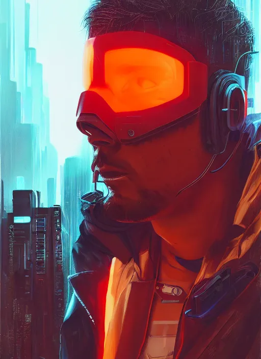 Prompt: cyberpunk character wearing jumpsuit and red jacket and cyberpunk headset. ( blade runner 2 0 4 9, dystopian, cyberpunk 2 0 7 7 character design ). attractive face. portrait by james gurney and laurie greasley, oil on canvas. cinematic, hyper realism, realistic proportions, full view, dramatic lighting, high detail 4 k