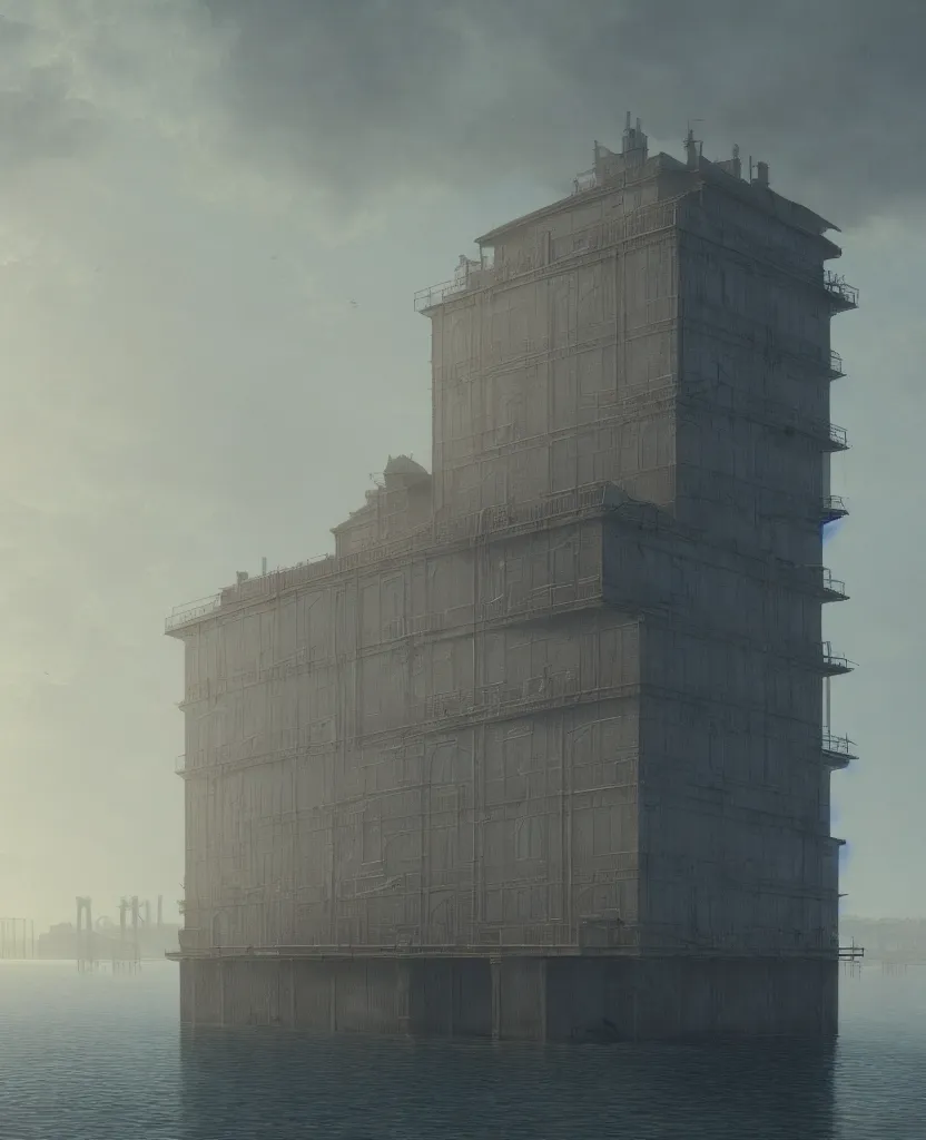 Image similar to a beautiful photorealistic render of mine industrial architecture architecture unfinished building by ivan aivazovsky, lake, archdaily, wallpaper, highly detailed, trending on artstation.