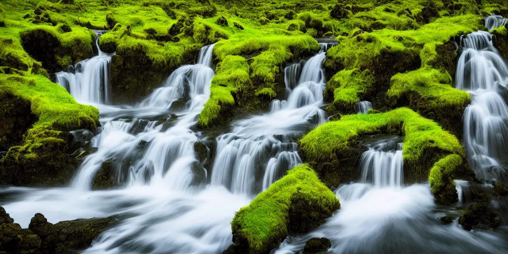 Image similar to photo of a landscape with lush forest, wallpaper, very very wide shot, iceland, new zeeland, green flush moss, national geographic, award landscape photography, professional landscape photography, waterfall, stream of water, hanging flowers, big sharp rock, ancient forest, primordial, sunny, day time, beautiful