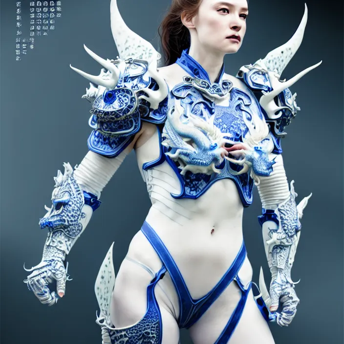 Image similar to porcelain cyborg armor, Chinese Kangxi Blue and white dragon pattern porcelain, diffuse lighting, fantasy, intricate, elegant, highly detailed, lifelike, photorealistic, digital painting, artstation, illustration, concept art, smooth, sharp focus, art by John Collier and Albert Aublet and Krenz Cushart and Artem Demura and Alphonse Mucha
