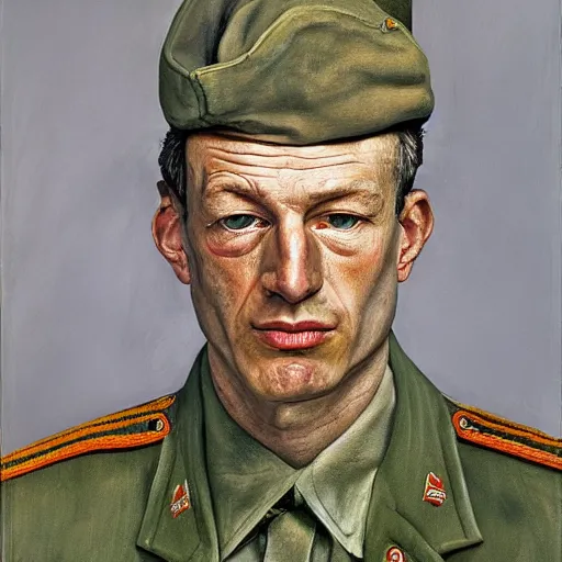 Image similar to high quality high detail painting by lucian freud, hd, exaggerated portrait of a soldier, photorealistic lighting