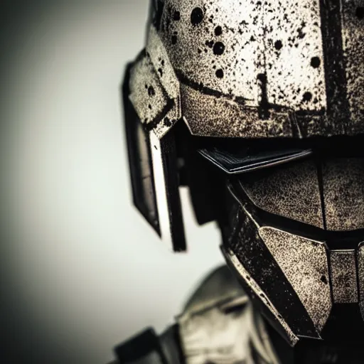 Prompt: close - up cyberpunk stormtrooper, battle scars, moody lighting, 8 k, shallow depth of field, cinematic lighting,