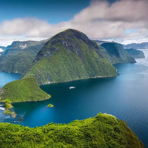 Prompt: high resolution camera capture of a a verdant large island with fjords and mountains