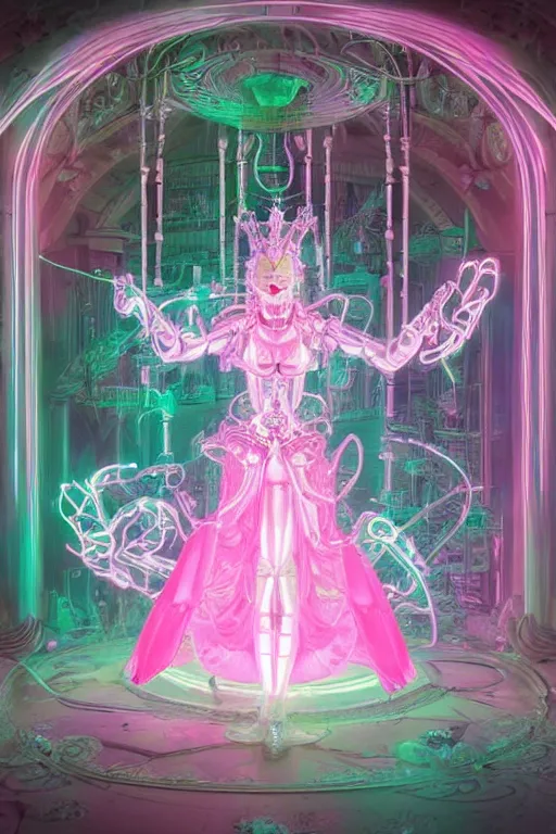 Image similar to full-body baroque and bladerunner style pink neon statue of a beautiful goddess ((mech humanoid)) dancing sim roupa, (((glowing white face))), (crown of golden steampunk gears), emeralds, swirling silver silk fabric. futuristic elements. prismatic liquid rainbow light, full-length view. space robots. (((human skulls))). throne made of bones, intricate artwork by caravaggio. Trending on artstation, octane render, cinematic lighting from the right, hyper realism, octane render, 8k, depth of field, 3D