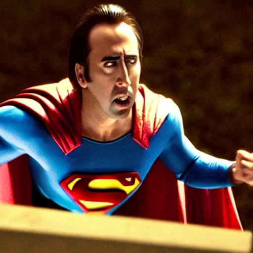 Prompt: film still of Nic Cage as Superman