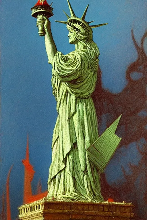 Prompt: psilocybin - hallucinations - statue - of - liberty, ( ( ( ( sharp focus, by gaston bussiere, bayard wu, giger, maxim verehin ) ) ) )