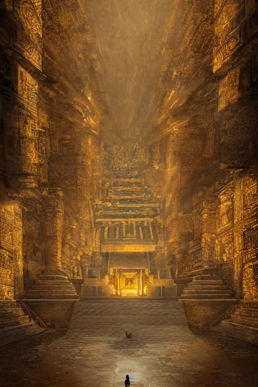 Prompt: inside a majestic aztec temple made of gold, intricate, elegant, volumetric lighting, digital painting, highly detailed, artstation, sharp focus, illustration, concept art, ruan jia, steve mccurry