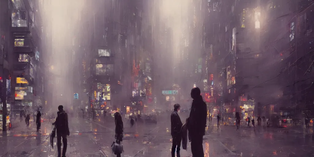 Image similar to orwellian metropolitan city with citizens staring at their phones walking on the street by yoshitaka amano, by ruan jia, by conrad roset, by kilian eng, by good smile company, high detail, digital painting, industrial art, cinematic lighting, artstation, cgsociety, 3 5 mm film grain