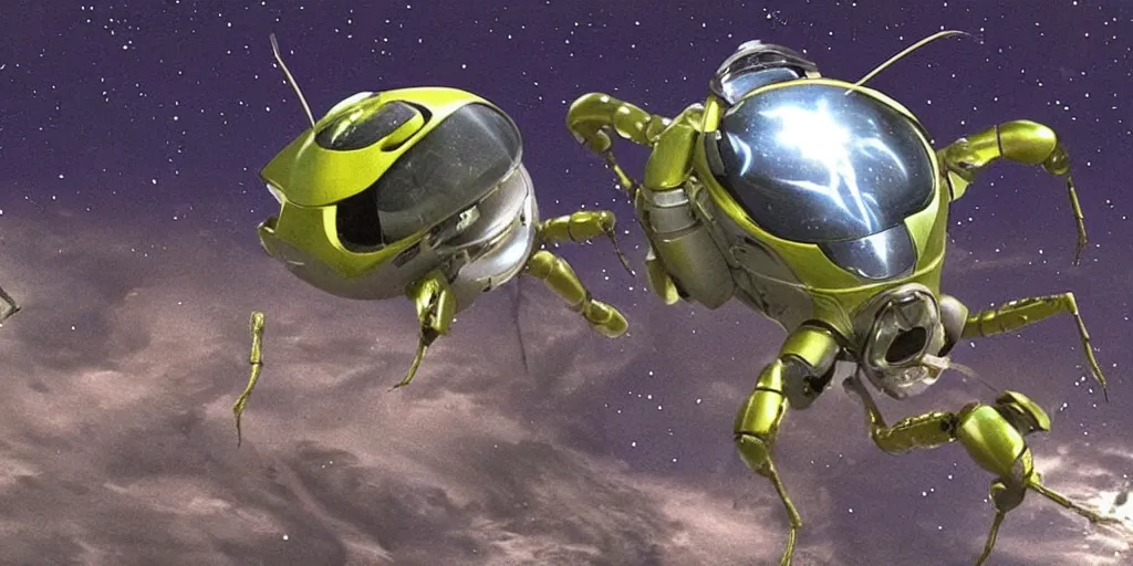 Prompt: lightning bug descendant 1 million in the future is a quadruped with big eyes. the bug wears a spacesuit, and explores the cosmos in a bug - shaped spaceship. science fiction blockbuster movie bugs save the planet or the love bug from saturn, starship troopers ( 1 9 9 7 ), up ( 2 0 0 9 )