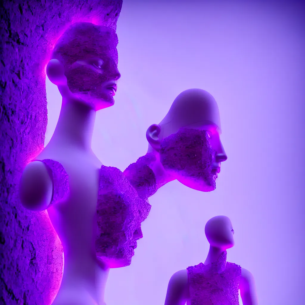 Image similar to beautiful mannequin sculpted out of amethyst by billelis + lit with 3 d geometric neon + facing a doorway opening with neon pink geometric fractal light + flowering hosta plants!!!, moon in background!!, moody, dramatic, rule of thirds, confident, award winning, 4 k, trending on artstation, photorealistic, volumetric lighting, octane render