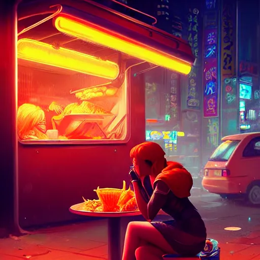 Prompt: splash art of anthropomorphic female vulpes vulpes fulva woman sitting at a noodle stand eating noodles in the crowded street of a cyberpunk city, rain, harsh neon lighting, realistic ultra detailed, by greg rutkowski, wlop, ilya kuvshinov, artgerm