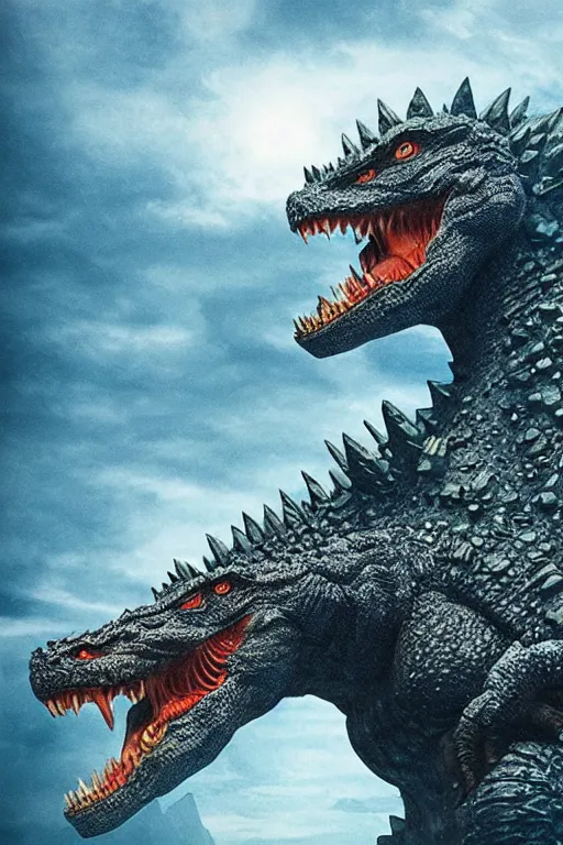 Image similar to Godzilla, kaiju, sea creature, crocodile, sharp teeth, scary look, angry