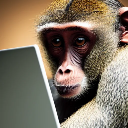 Image similar to award winning photo of a monkey curiously looking at a laptop. Studio photography