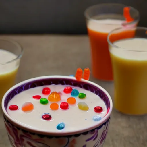 Prompt: Suudsu, skim milk with gummy bears floating in it, Food Network recipe photograph.