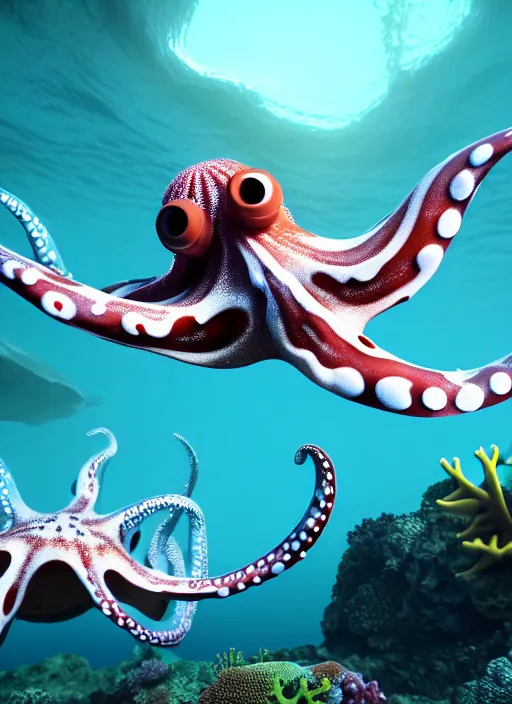 Image similar to realistic detailed image of a white-spotted octopus pointing to three dudes snorkeling at night, cinematic, hyper realism, high detail, octane render, unreal engine, 8k, extremely detailed, 8k.