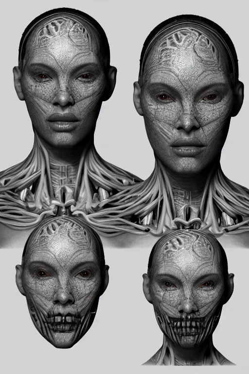 Prompt: cyborg female with gunmetal grey skin, medical anatomy, very symmetrical face, highly detailed, african braids hairstyles, tentacles mechanical implants, three - perspective / three - view reference sheet ( front / back / side ), in the style of dan ouellette, dren from splice, hr giger, sil from species, artstation, unreal engine