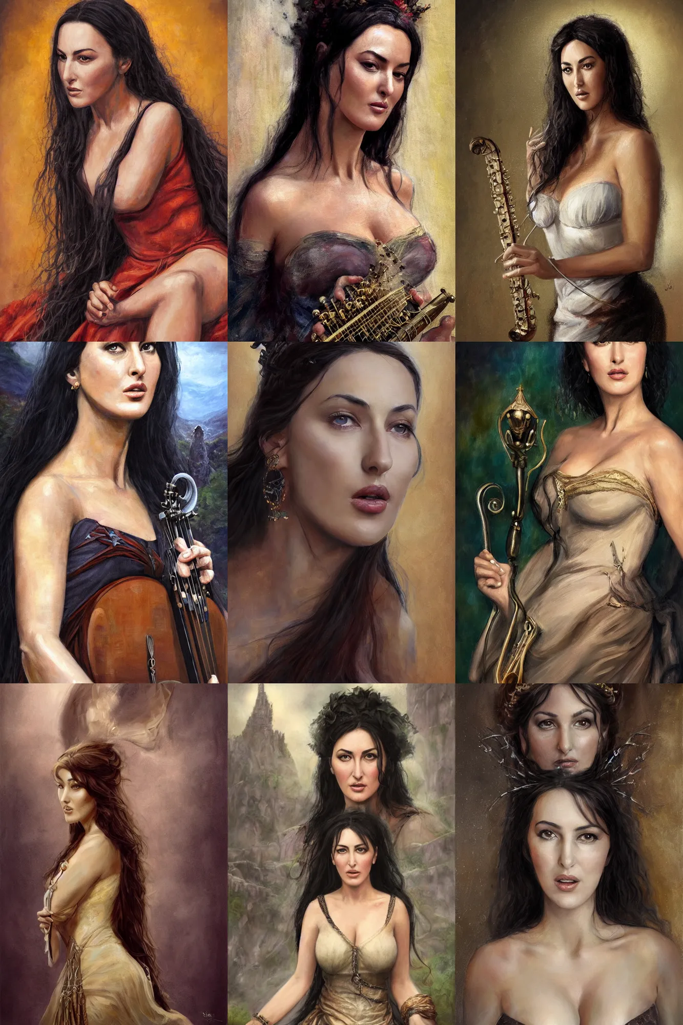 Image similar to a full body high detail fantasy portrait oil painting illustration of young monica bellucci as a beautiful sophisticated singing bard woman by justin sweet with face and body clearly visible, in a scenic background, pupils visible, realistic proportions, d & d, rpg, forgotten realms, artstation trending, high quality, sombre mood, artstation trending, muted colours, entire person visible!