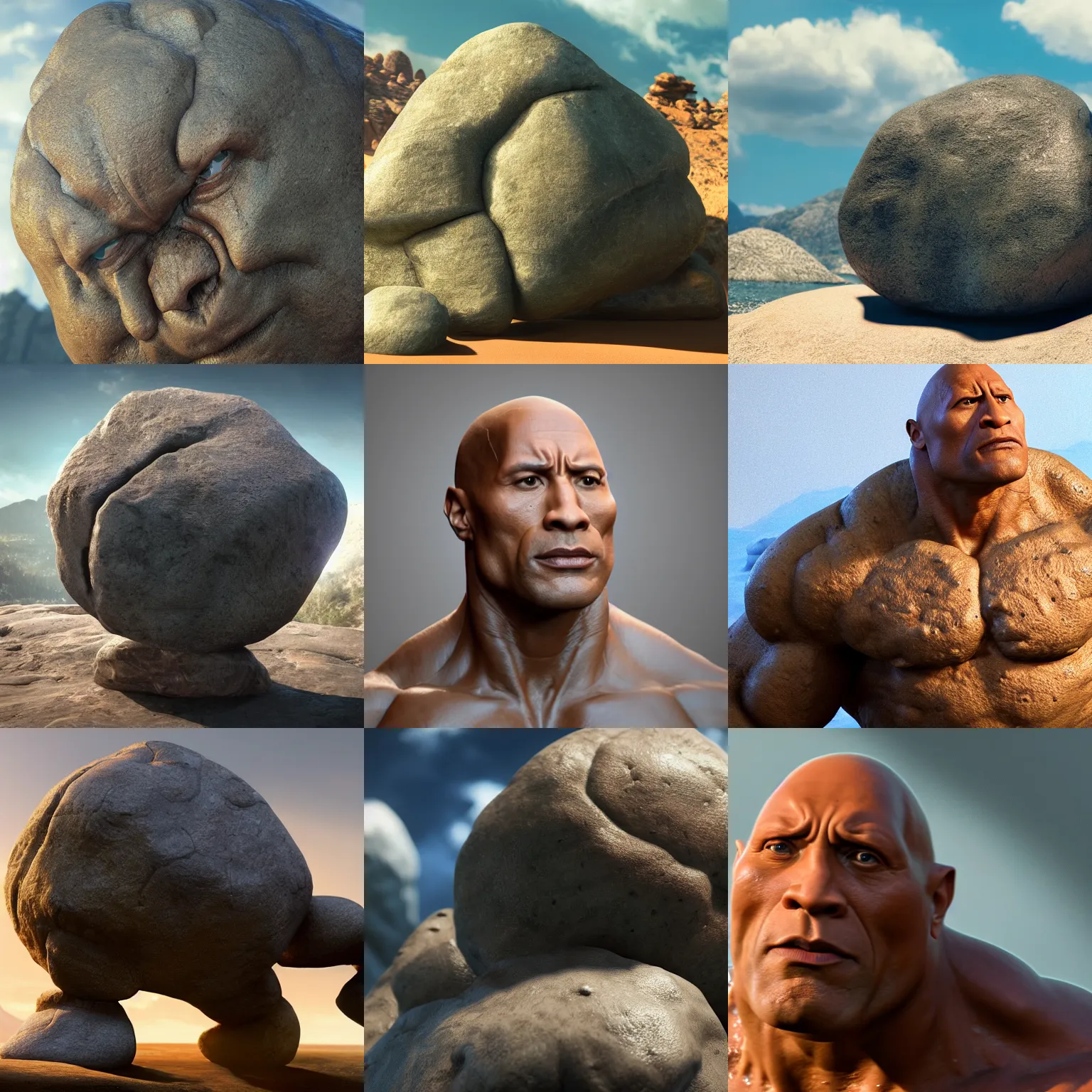 Image similar to dwayne johnson is a boulder rock made of stone, the thing for fantastic 4, octane render, 8 k cinematic still, highly detailed, sculpted in zbrush, textured in substance, featured on artstation