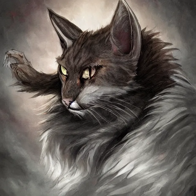 Image similar to khajit tabaxi catfolk humanoid adventurer with maine coon features and black fur holding two shortswords cloaked in shadow and wearing leather armor, dungeons and dragons, pure white background, fantasy, tarot card style, half body portrait, high detail, hyper realistic