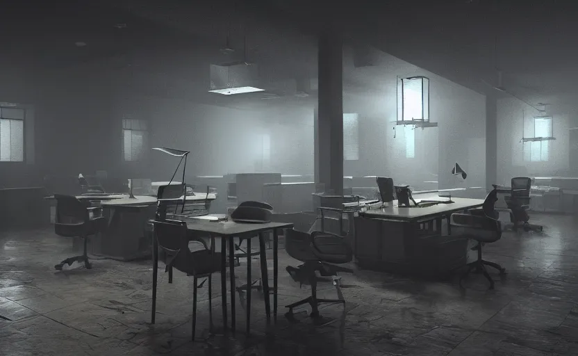 Prompt: office at night, gloomy and foggy atmosphere, octane render, rembrandt, cgsociety, artstation trending, horror scene, highly detailded