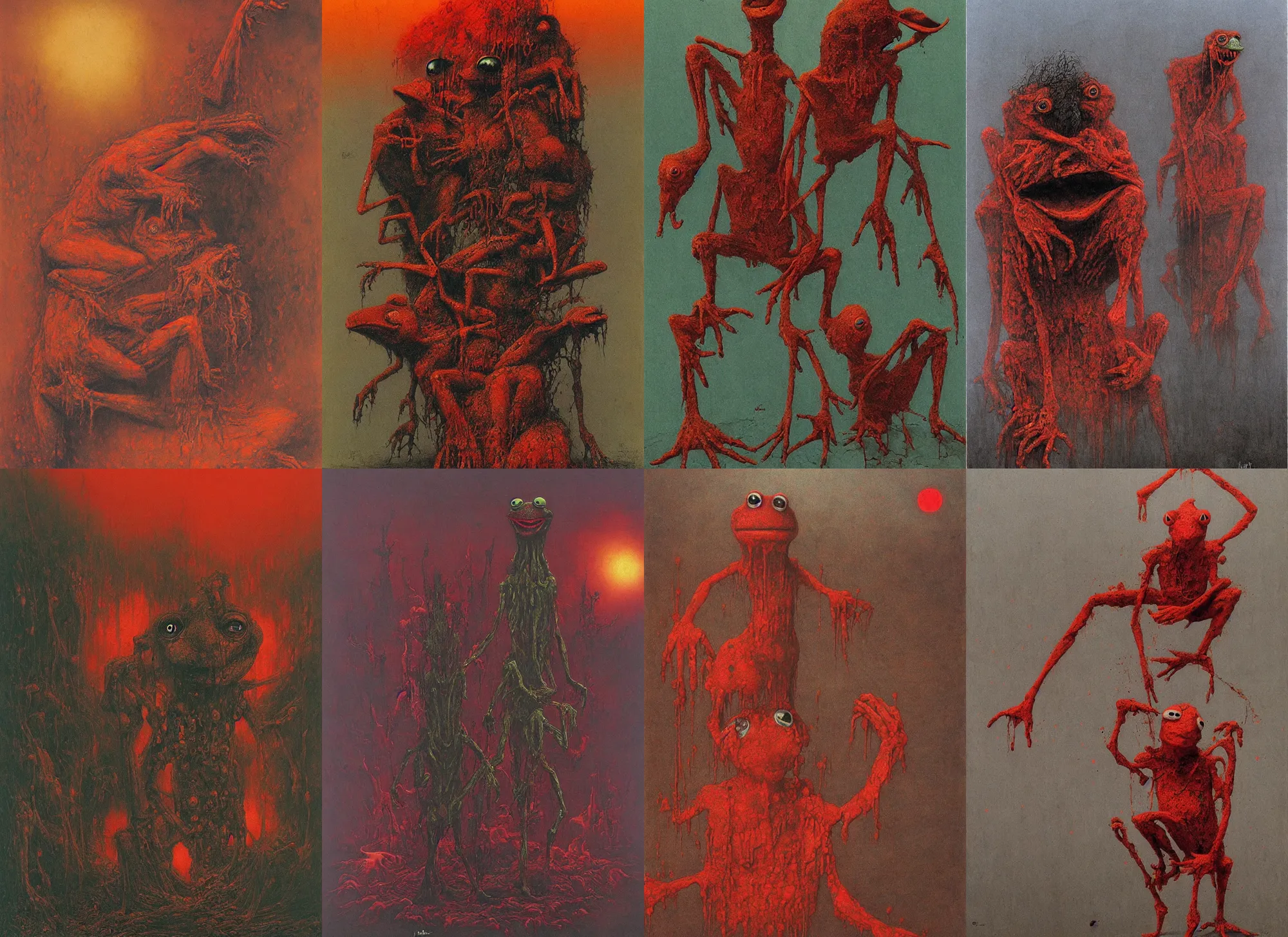 Prompt: bloody Kermit the frog megalophobia , horror ,hell and fire colors , by beksinski