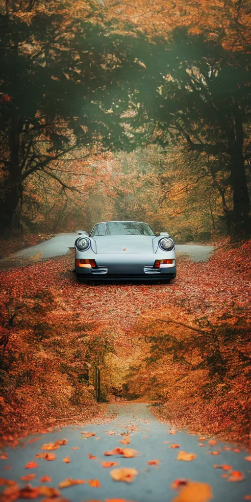 Image similar to photo of a porsche driving through autumn leaves, photo, kodak portra 4 0 0, direct flash, cinematic lighting, anti aliasing