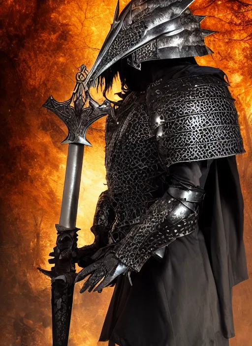 Prompt: portrait of gothic knight wearing black dragon helmet, holding gigantic berserk sword, detailed, realistic, studio lighting, mysterious dark forest background, shining metal, portrait photography