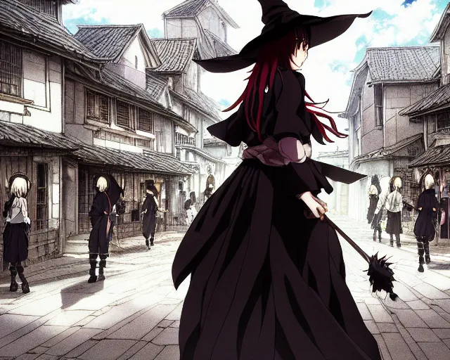 Prompt: key anime visual portrait of a young female witch walking through a busy village, dynamic pose, dynamic perspective, cinematic, dramatic lighting, muted colors, detailed silhouette, textured, finely detailed eyes, anime proportions, anmi, murata range, kentaro miura