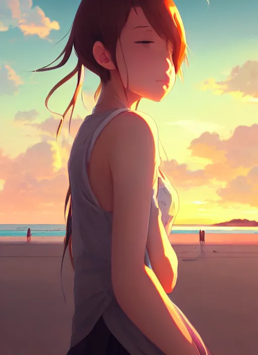 Image similar to close side portrait of cute girl, sunset sky in background, beach landscape, illustration concept art anime key visual trending pixiv fanbox by wlop and greg rutkowski and makoto shinkai and studio ghibli and kyoto animation, futuristic wheelchair, symmetrical facial features, future clothing, realistic anatomy, backlit