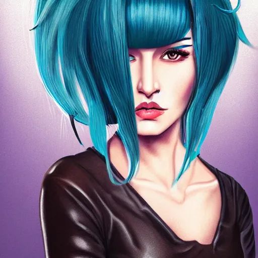 Image similar to illustrated portrait of ram-horned devil woman with blue bob hairstyle and tanned colored skin and with solid black eyes wearing leather by rossdraws