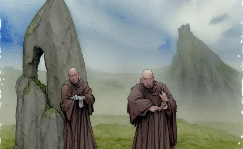 Prompt: a hyperrealist watercolour character concept art portrait of small grey medieval monks with their hands above their heads. a megalithic flat rock floats in the air above him. it is a misty night on the moors of ireland. by rebecca guay, michael kaluta, charles vess and jean moebius giraud