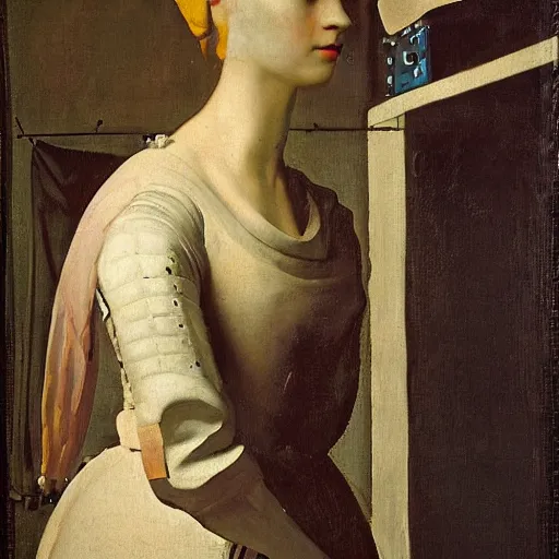 Prompt: a portrait of cyborg princess connected to a brain-machine interface by Johannes Vermeer, renaissance style