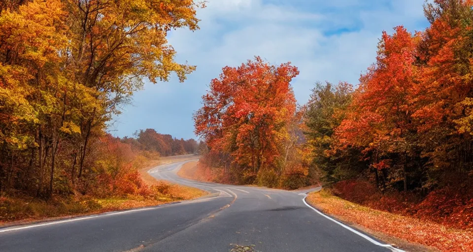 Prompt: a drive through a dreamy autumn north eastern twist and turn back road, with the windows down.