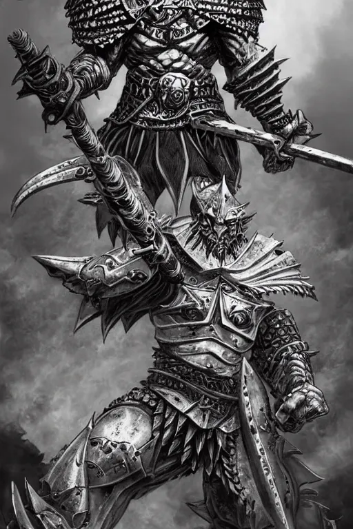 Image similar to chaos warrior, fantasy, warhammer, highly detailed, digital art, sharp focus, trending on art station, kentaro miura manga art style