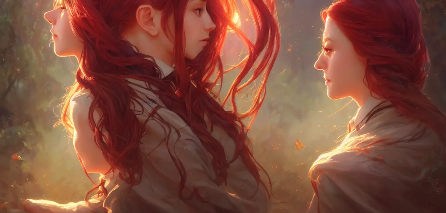Image similar to side portrait cute female, magic school uniform, fantasy forest landscape, dnd fantasy magic, long red hair, cinematic rim light, intricate, elegant, highly detailed, digital painting, artstation, concept art, smooth, sharp focus, illustration, art by artgerm and greg rutkowski and alphonse mucha
