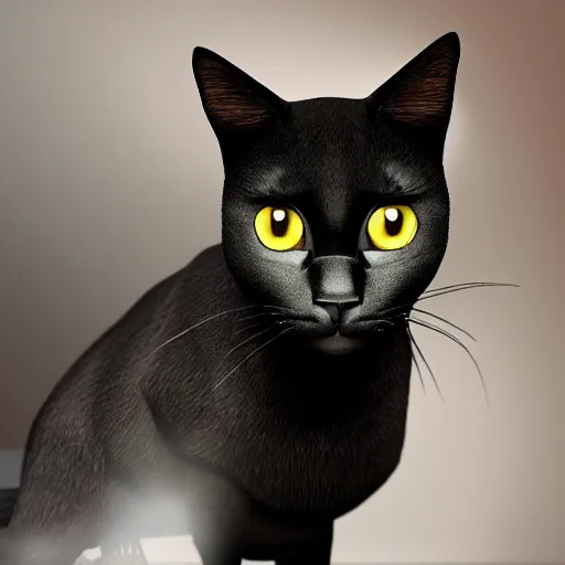 Image similar to black bombay cat, sad, animated, pixar studio, dreamworks, hyper realistic, detailed