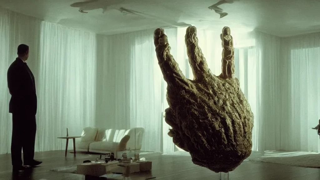 Image similar to a giant hand made of wax and water floats through the living room, film still from the movie directed by Denis Villeneuve with art direction by Salvador Dalí, wide lens