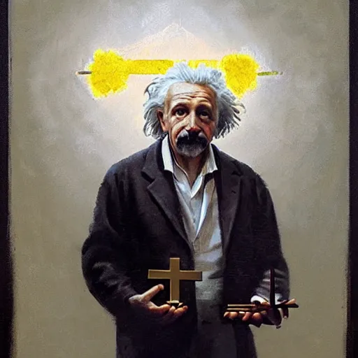 Prompt: Portrait painting of Einstein holding a golden cross by his hands by greg rutkowski and Craig Mullins