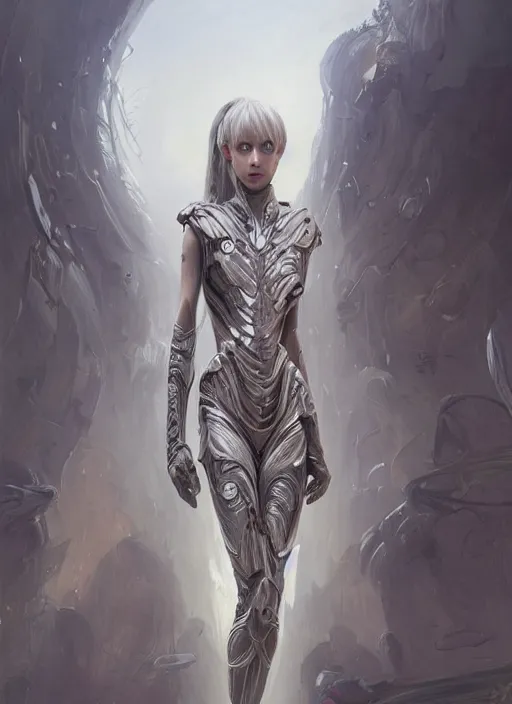 Image similar to a professional painting of a beautiful young female alien, clothed in ethereal armor, olive skin, long dark hair, beautiful bone structure, symmetrical facial features, intricate, elegant, digital painting, concept art, smooth, sharp focus, illustration, from Valerian and the City of a Thousand Planets, by Ruan Jia and Mandy Jurgens and Artgerm and William-Adolphe Bouguerea