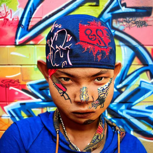 Image similar to crips gang member with batik bandana and parang rusak logo in their graffiti hood - realistic - photorealistic - hd - trending hood photos of the year - ilustrator - detailed - realistic image - people - hood - hd