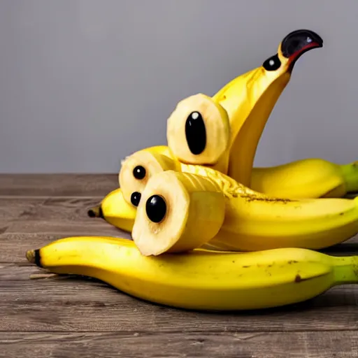 Image similar to professional photograph of banana ducks, peeled bananas with googly eyes and duck beaks